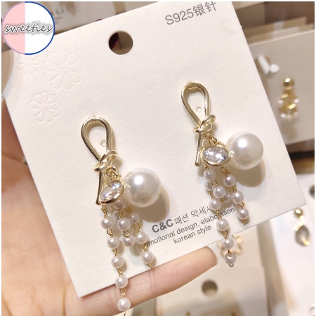 Korean Sweet Fashion Women Crystal Pearl Tassel Pendant Earrings Women Anting Studs