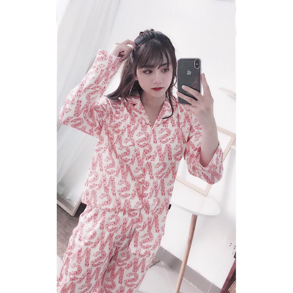 Bộ ngủ lụa Pizama quần dài áo cộc hoạ tiết chữ hàng cao cấp