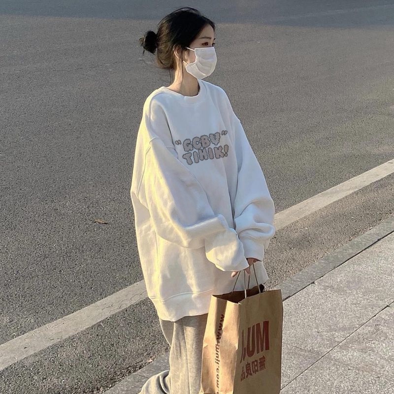 Áo sweater SELVZE cổ tròn tay dài dáng rộng in họa tiết phong cách cổ điển Mỹ xinh xắn cho nữ