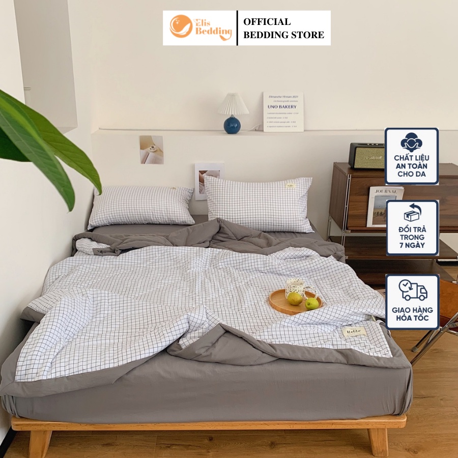 Bộ Chăn Ga Gối Cotton Đũi Kẻ Caro Trắng Lót Ghi Trần Bông Cao Cấp 1m2x1m9, 1m6x2m, 1m8x2m, 2m2x2m- Ellis Bedding