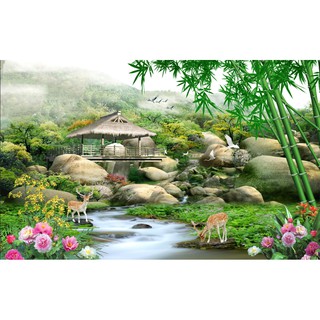 Tranh dán tường 3D phong thủy - vải lụa phủ kim sa (Kích thước theo yêu cầu)
