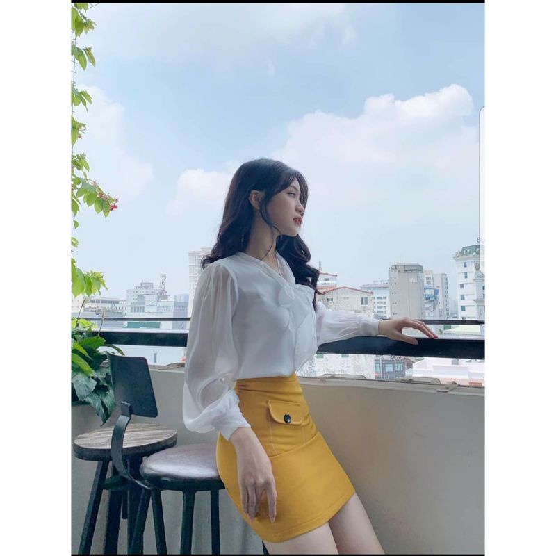 A5 _ Áo sơ mi nữ công sở cổ nơ tay phồng