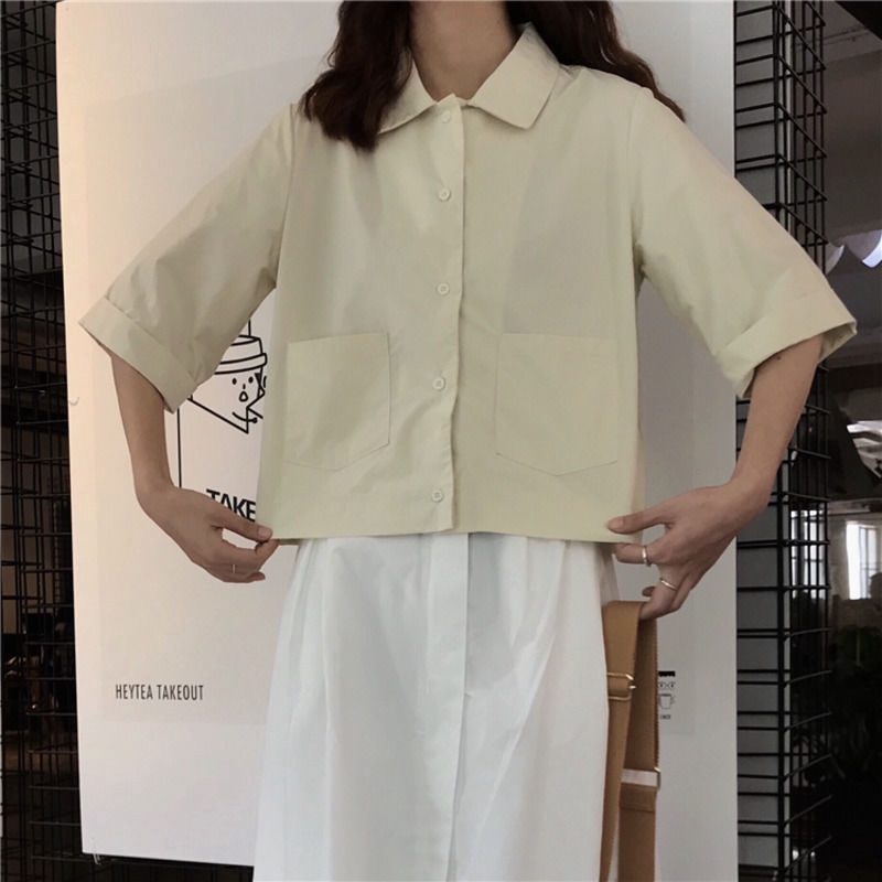 Áo sơ mi cơ bản 166362Áo Cardigan tay ngắn cổ POLO phong cách đại học | BigBuy360 - bigbuy360.vn