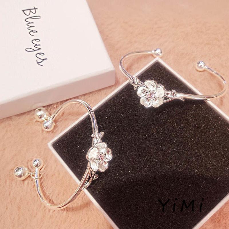 🍓Vòng đeo tay hợp kim dạng hở phối mặt hình hoa anh đào xinh xắn thời trang