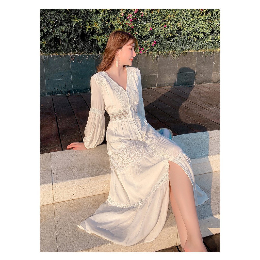 Váy maxi trắng dài tay pha ren chất siêu mát  260620