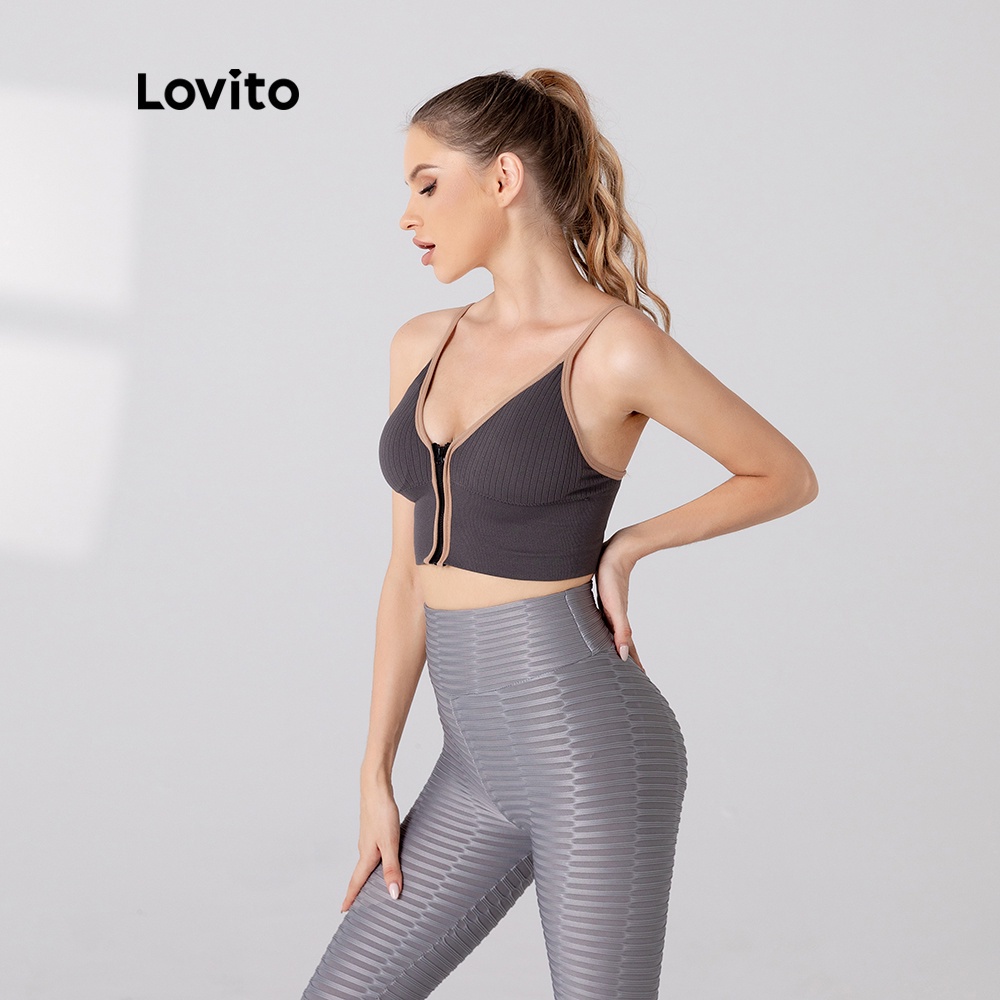 Yoga dây kéo tương phản hai mảnh Lovito áo ngực L05220 (Xám / Xanh dương)