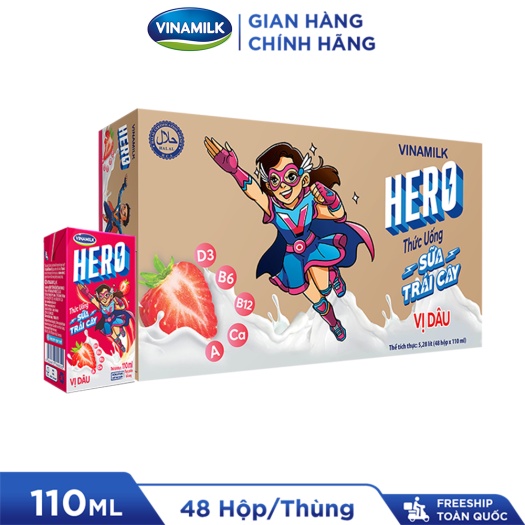 Thùng 48 Hộp Thức Uống Sữa Trái Cây Hero Vị Dâu 110ml