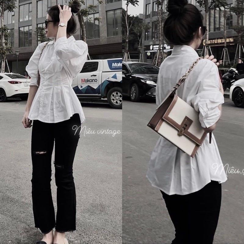 Áo sơ mi chiết xếp ly eo tôn dáng, Áo sơ mi kiểu nữ 2 màu dáng free size