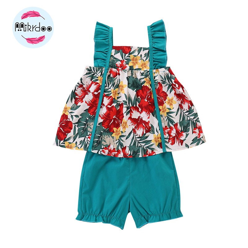 Set áo sát nách hoạ tiết hoa + quần dài Mikrdoo cho bé gái