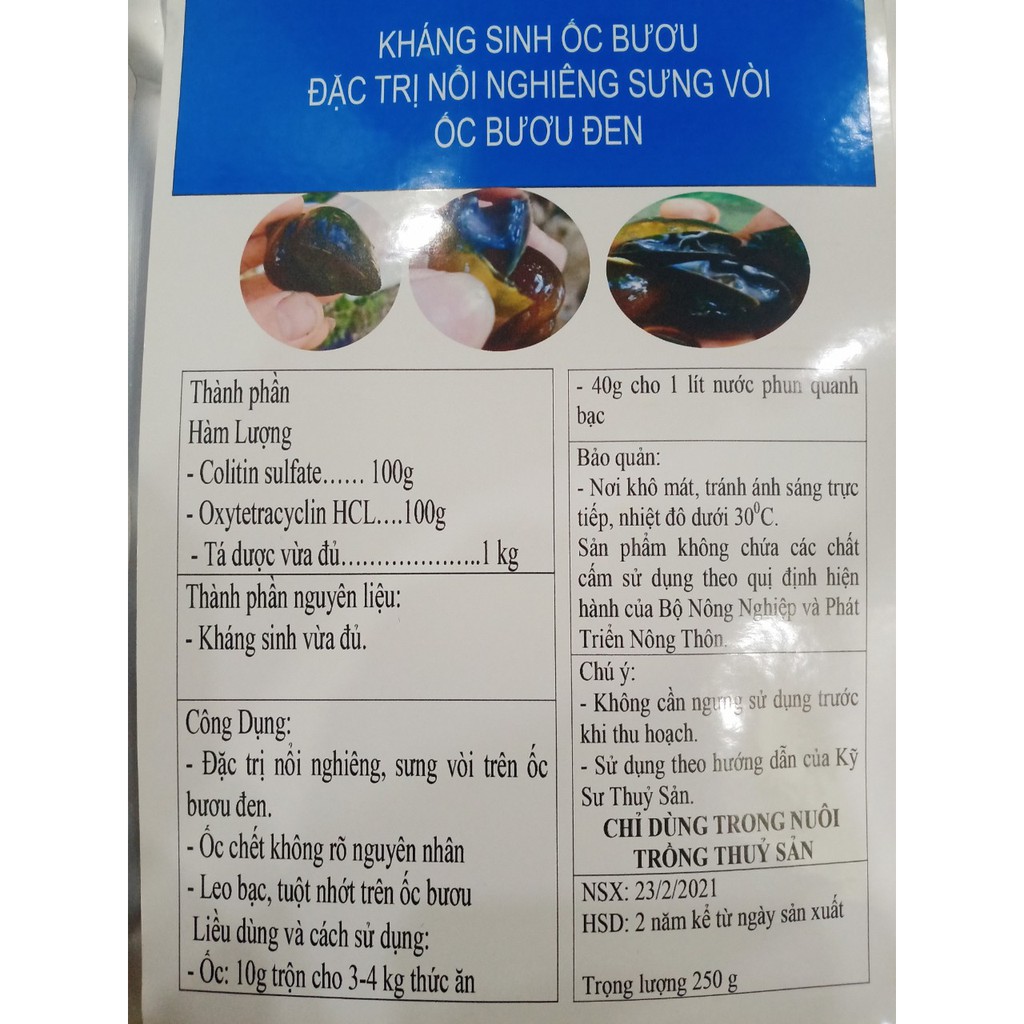 [ Giá rẻ] KHÁNG SINH cho ốc bươu đen 250g