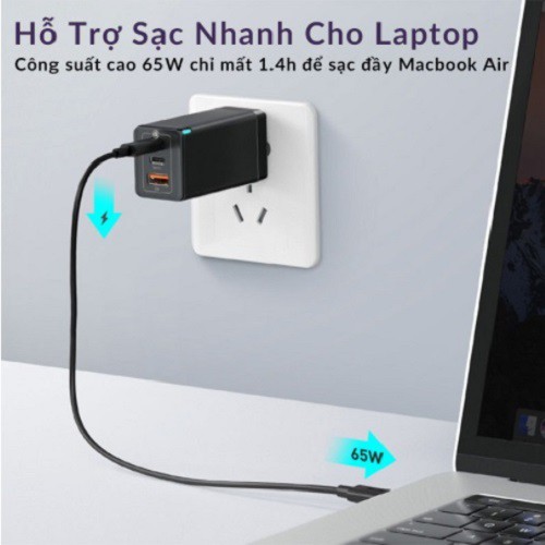 Bộ sạc GaN 3, Cốc sạc nhanh Ba-seus 65W GaN 3 Pro - Smartphone/Tablet/Macbok/Laptop (Type Cx2 + USB, PD3.0/PPS/QC4)