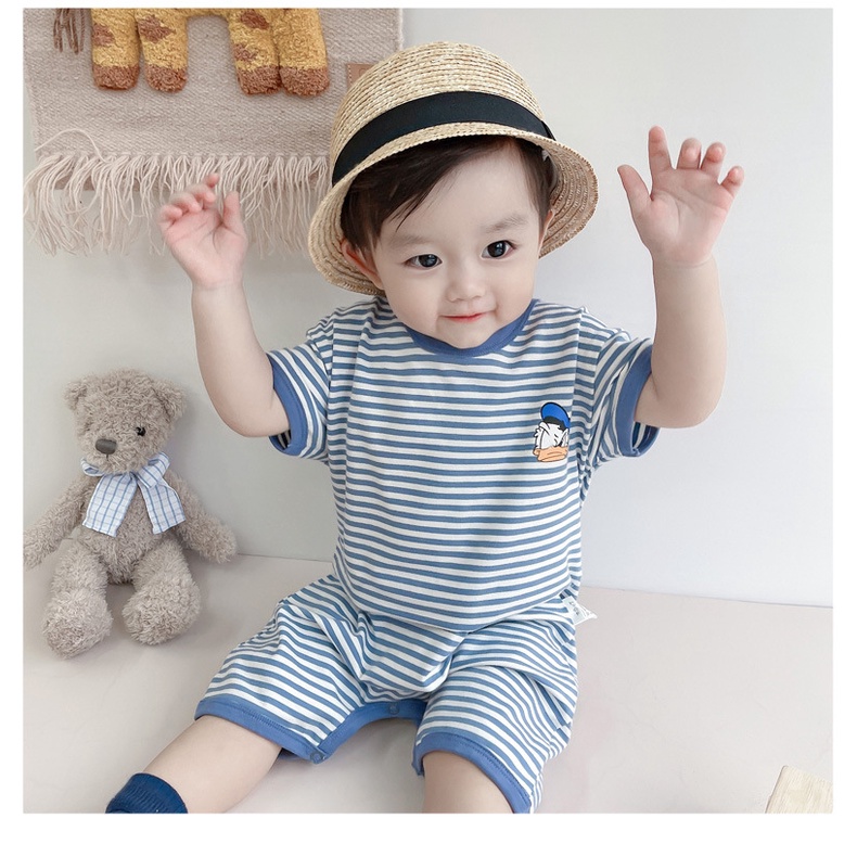 Bộ Áo Liền Quần Ngắn Tay Họa Tiết Kẻ Sọc In Hoạt Hình Dễ Thương Cho Bé 0-24 Tháng Tuổi