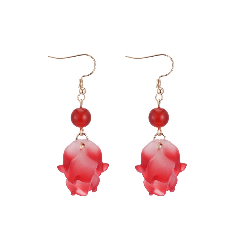 Khuyên tai Pinkdudu PD725 hợp kim kiểu hoa phối tua rua màu đỏ thời trang cho nữ