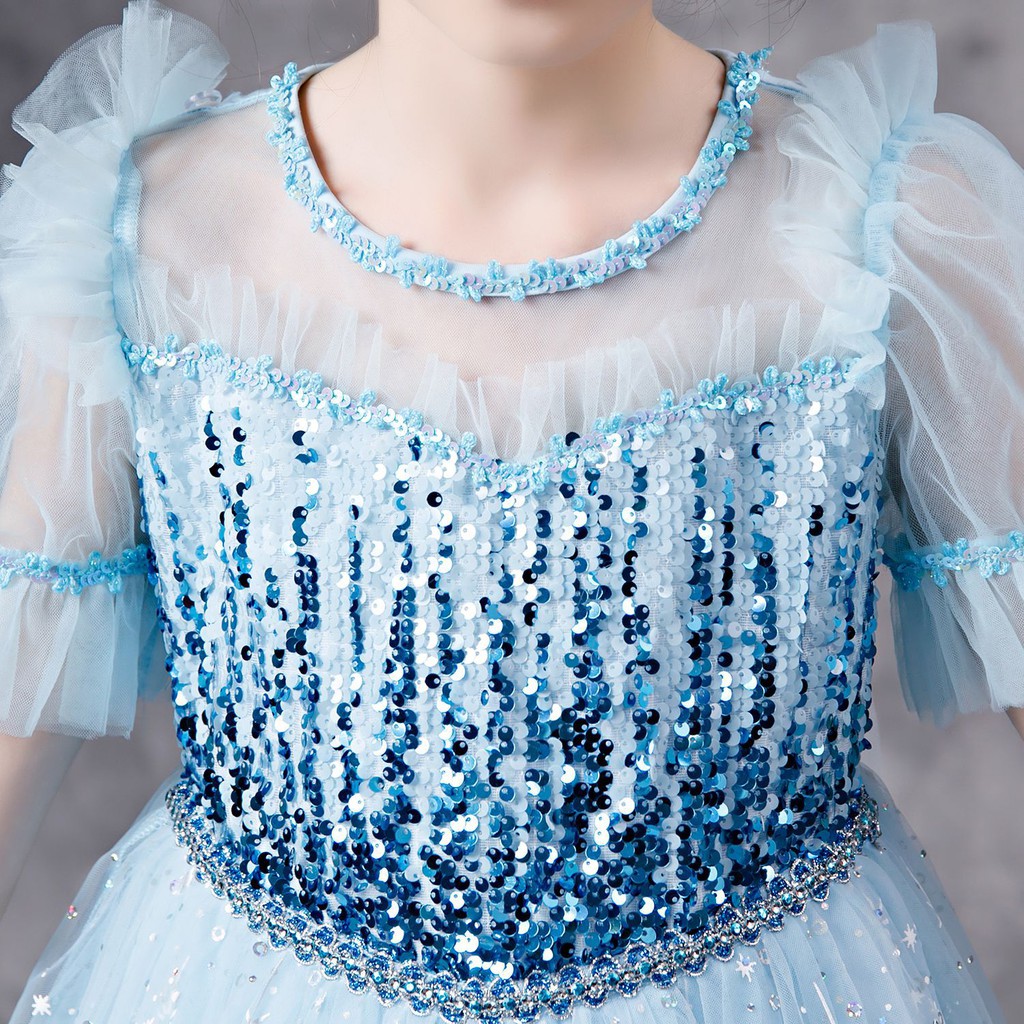 Váy Elsa màu xanh kèm tà dài cho bé gái 3-11 tuổi - Mẫu mới Frozen 2