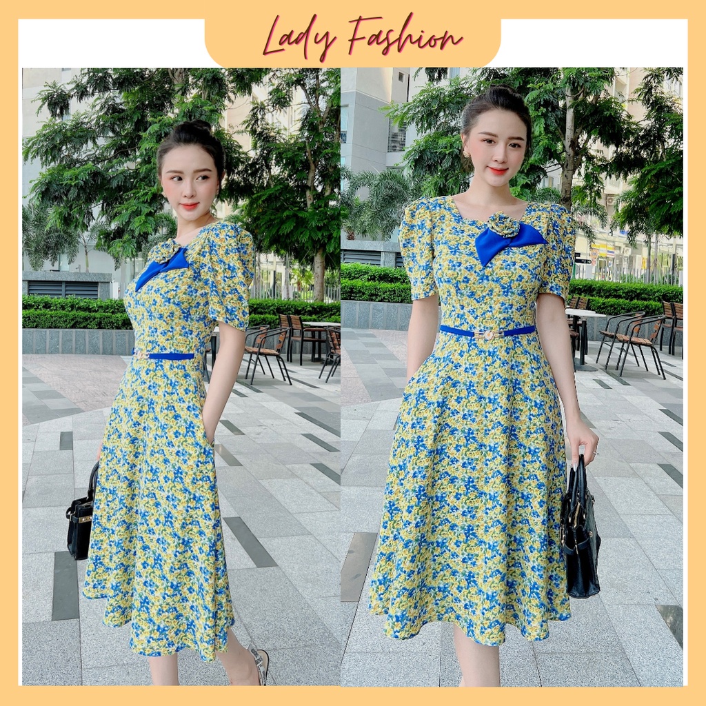 Đầm hoa xanh cổ kết hoa hồng phối khoe eo xinh MD05 - Ladyfashion