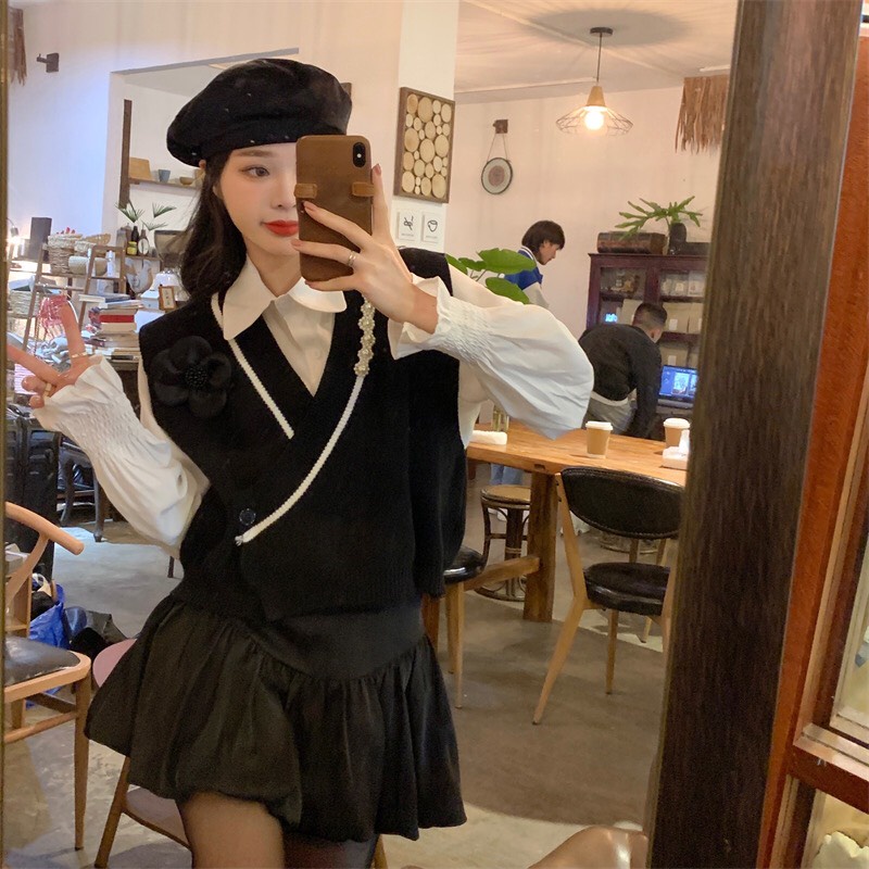 áo sơ mi trắng nữ sơ mi tiểu thư tay bo chun phong cách bánh bèo