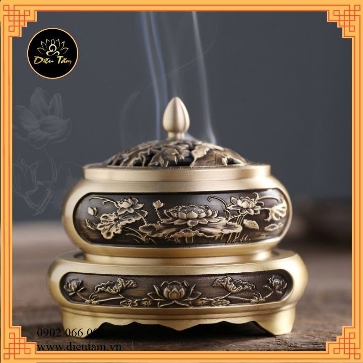 Lư đồng xông trầm hương bộ lư đồng hoa sen khắc hình sen và đế đôn đồng sen