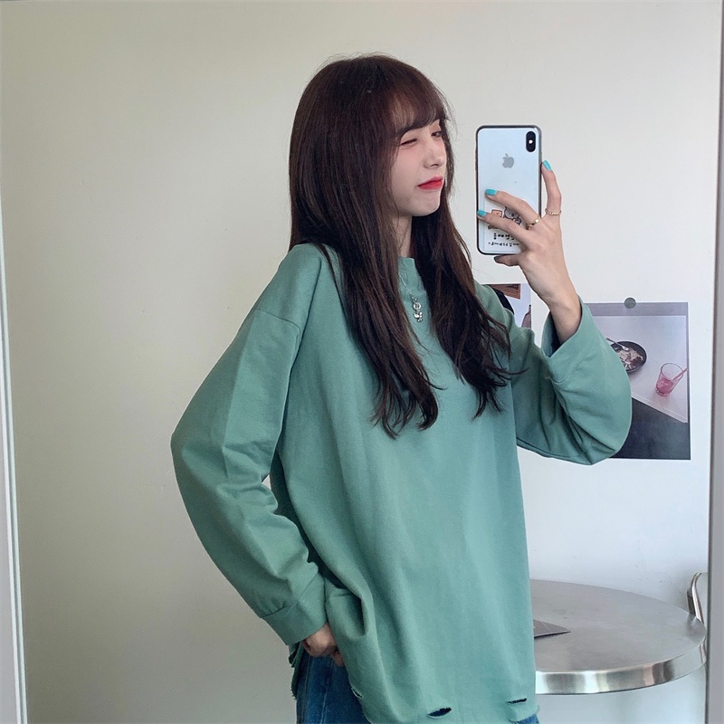 【ZHELIHANGFEI】Áo Thun Tay Dài Rách Cá Tính Trẻ Trung Hợp Thời Trang