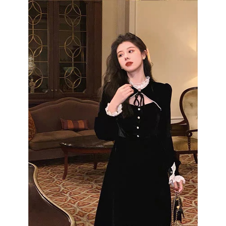 Váy nhung đen cổ tàu phối ren sexy buộc dây Vintage hàng Quảng Châu - Dorita Boutique | WebRaoVat - webraovat.net.vn