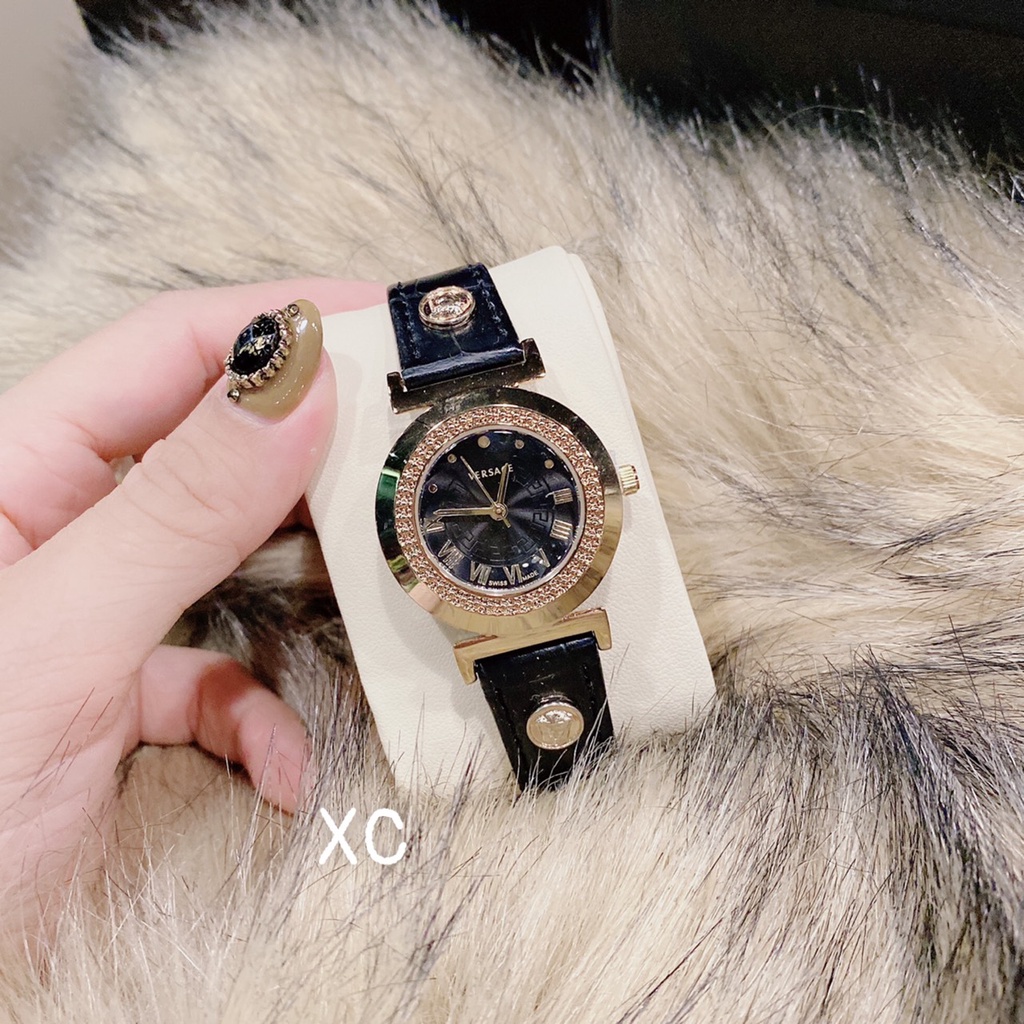 Đồng Hồ Nữ Cao Cấp, Đồng Hồ Đeo Tay Thời Trang VERSACE Dây da mặt Viền Thép Chống Nước