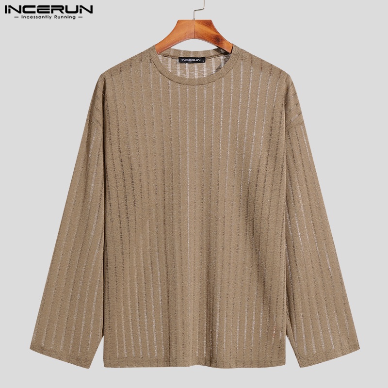 Áo thun INCERUN lưới chui đầu dáng rộng cổ tròn họa tiết kẻ sọc màu xuyên thấu thời trang cho nam