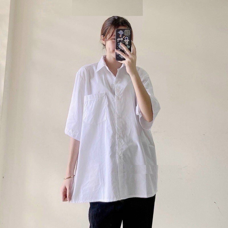 Áo sơ mi trắng form rộng đi học, BASIC UNISEX - áo sơ mi nữ túi ngực hàng siêu dày dặn, đẹp