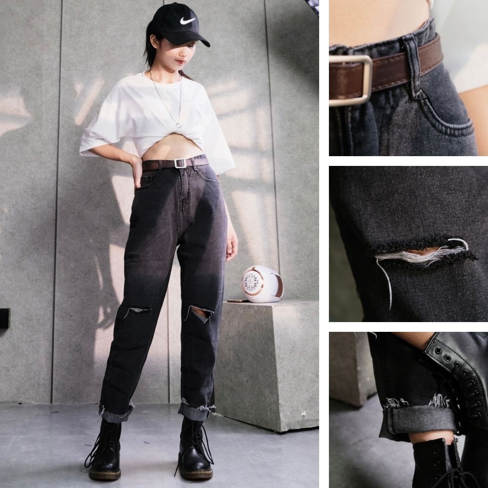 Quần Jean Nữ Dáng Baggy Rách Gấu Cạp Cao Màu Đen Xám Khói Ôm Eo GUF | BigBuy360 - bigbuy360.vn