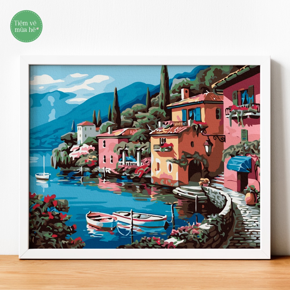 ✅Tranh tô màu theo số - Khu nhà ven biển đã căng khung 40x50cm 24 màu