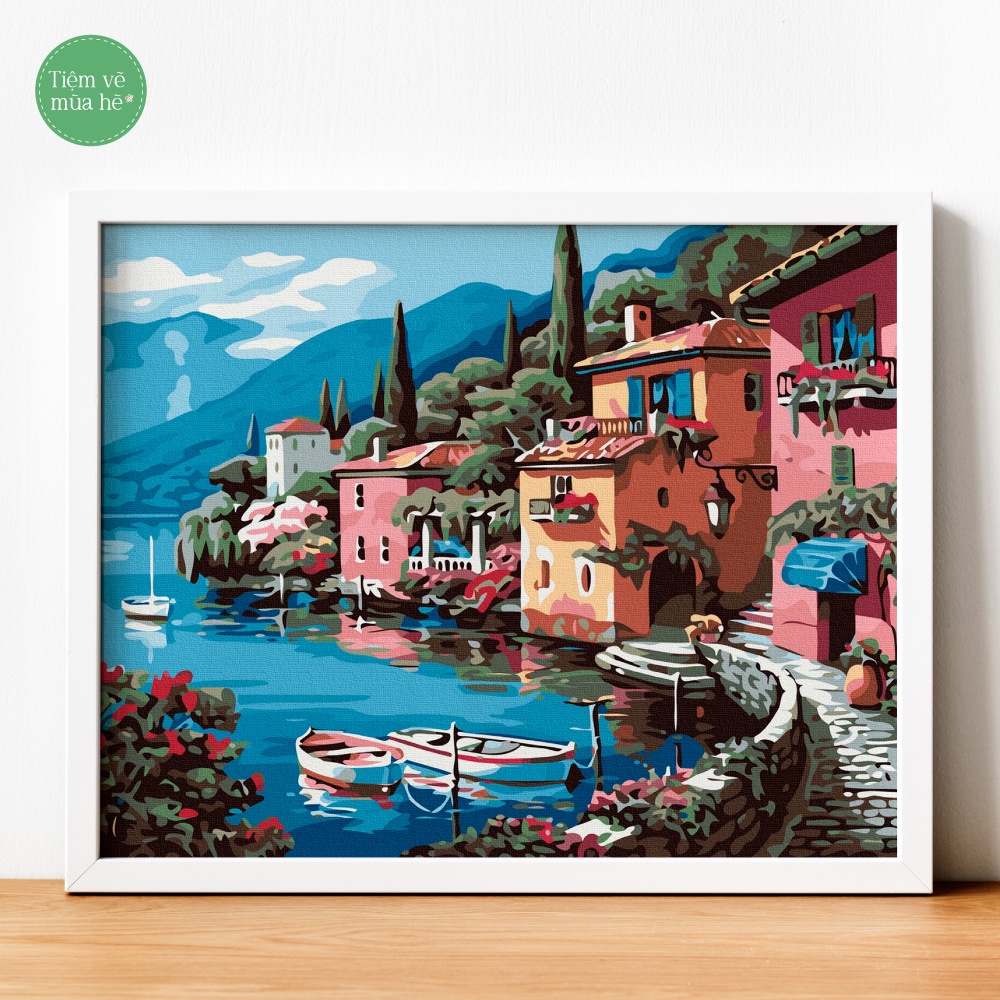 ✅Tranh tô màu theo số - Khu nhà ven biển đã căng khung 40x50cm 24 màu