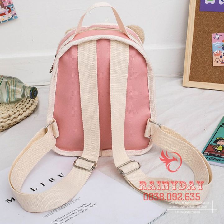 Balo trẻ em cho bé gái đi học mần non mẫu giáo mini nhỏ xinh cute dễ thương vải canvas đính gấu