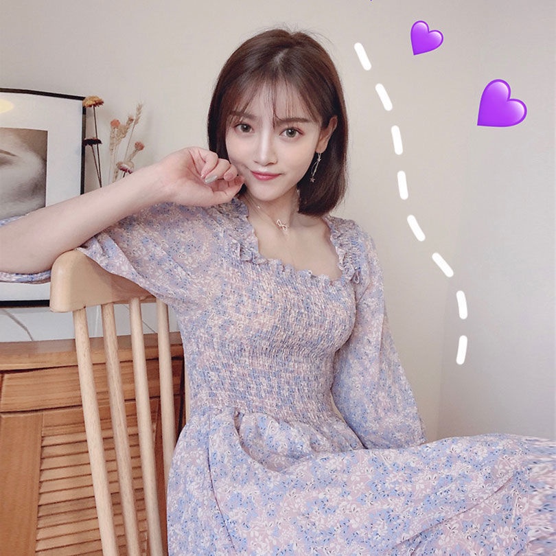 Đầm Chiffon Dáng Chữ A Tay Phồng Ôm Eo In Họa Tiết Hoa Phong Cách Pháp Thời Trang Mùa Hè Hàng Mới Dành Cho Bạn Nữ 2022