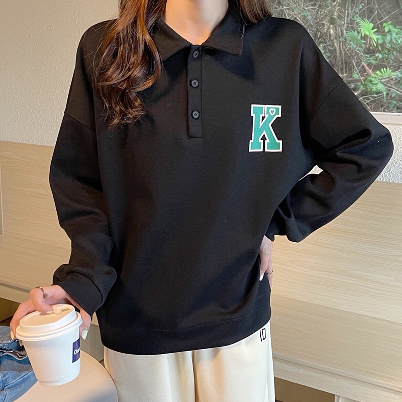 SUXI Áo sweater tay dài dáng rộng cổ bẻ phong cách Hàn Quốc trẻ trung năng động cho nữ