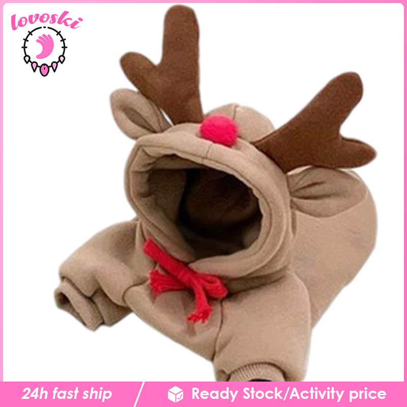 Bộ áo liền quần có mũ bằng cotton hình tuần lộc/chú ếch giữ ấm mùa đông dành cho cún và mèo cưng dễ thương