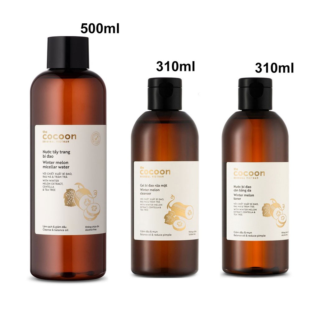 Bộ chăm sóc da bí đao cocoon Bigsize: Nước tẩy trang 500ml + Gel rửa mặt 310ml + Toner Nước cân bằng bí đao 310ml