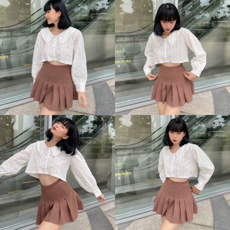 Áo KIỂU LENI CROPTOP thiết kế dài tay cổ sen nhã nhặn hoạ tiết thêu tỉ mỉ nút đính kĩ càng xịn xò