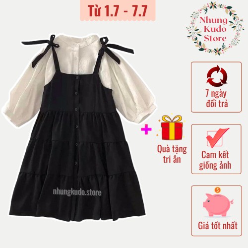 Set áo sơmi kèm váy yếm cúc