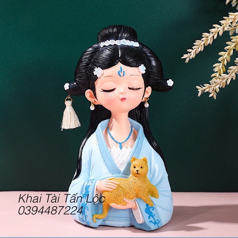 Tượng cô gái cổ trang ôm mèo cao 9,5cm