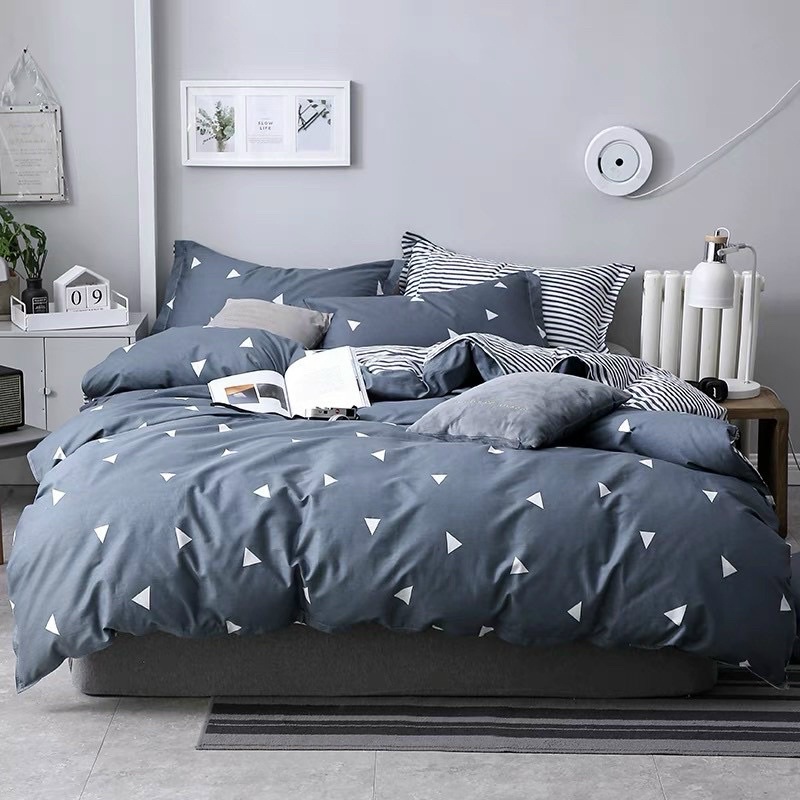 Chăn ga gối Emmibedding chất liệu cotton poly họa tiết tam giác ghi đáng yêu đủ size miễn phí bo chun