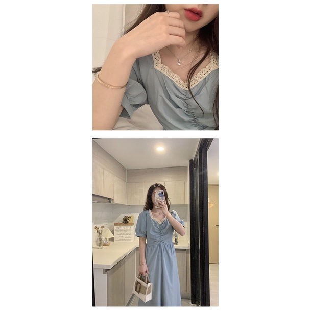 Đầm Tay Phồng Dài Phối Ren Màu Xanh Dương Phong Cách Pháp Thanh Lịch Thời Trang Mùa Hè Cho Nữ