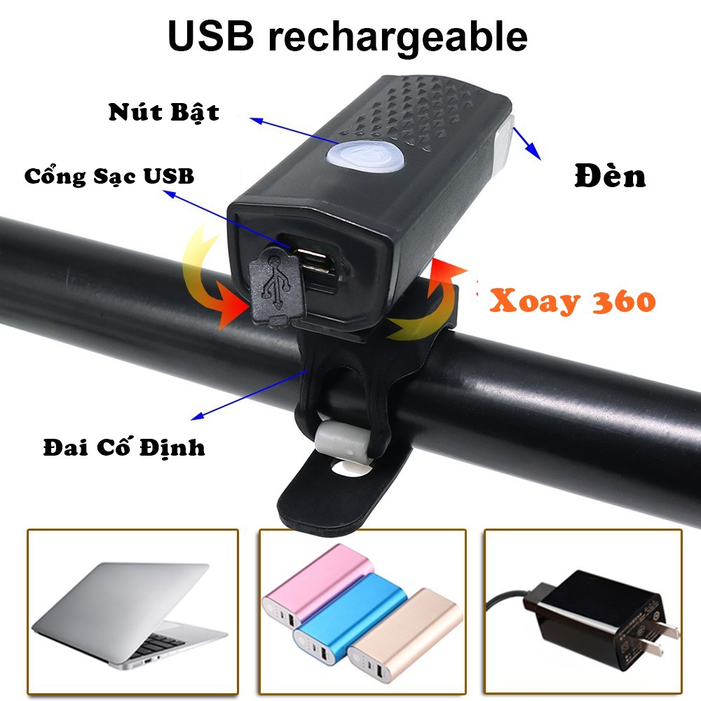 Đèn Led Xe Đạp Thể Thao Siêu Sáng, Pin Sạc USB, Chống Nước, Phụ Kiện Xe Đạp