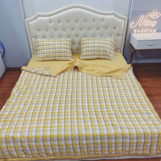 set chăn chần hè + ga gối Đũi mịn [ SIÊU PHẨM MÙA HÈ ] chất đũi mềm - mịn - mát , chăn có chần bông dày dặn - kẻ vàng
