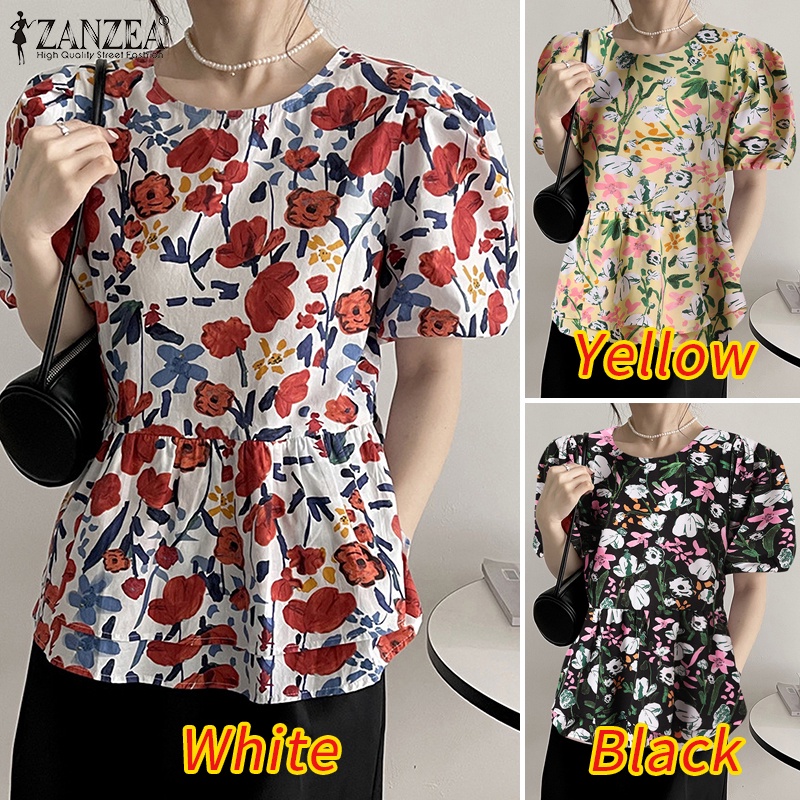 Áo ZANZEA tay phồng cổ tròn in họa tiết phong cách vintage dành cho nữ