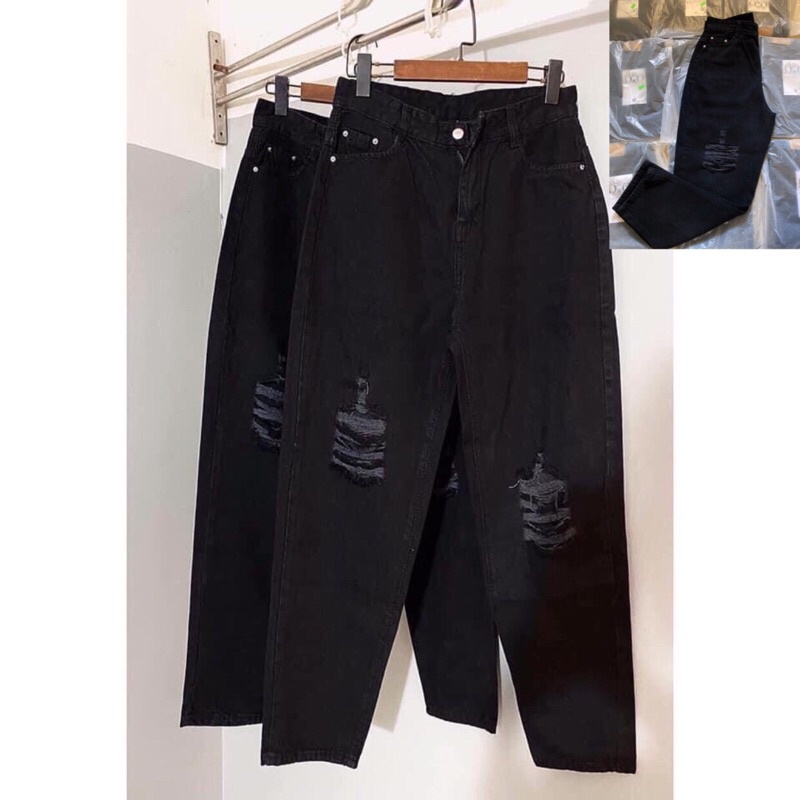 Quần Baggy Đen Rách Lưng Cao BigSize - Lưng Siêu Cao