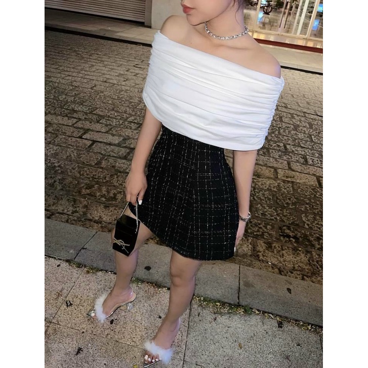 Áo kiểu nữ croptop lụa trễ vai nhúng bệt vai - AK0076 | steven.factory