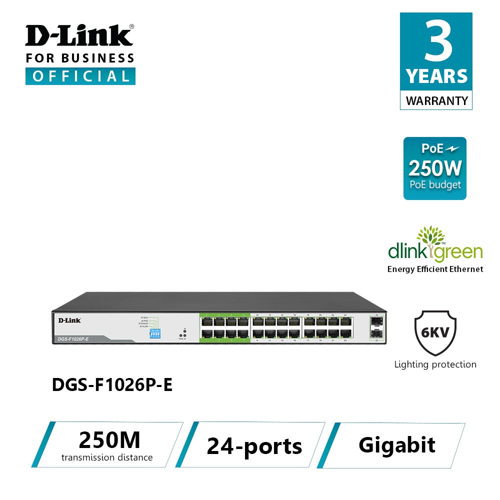 D-LINK DGS-F1026P-E - Bộ chia cổng mạng 26 cổng có PoE 250m 24 cổng 1000Mbps với 2 cổng SFP