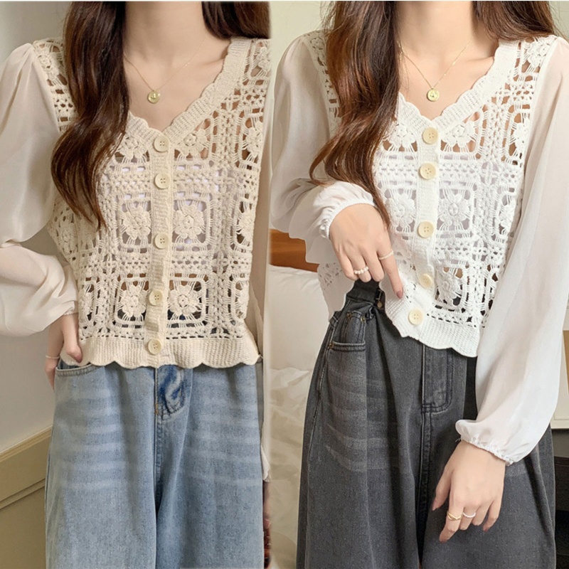 Áo Khoác Cardigan Chiffon Tay Dài Phồng Cổ Chữ V In Họa Tiết Hoa Thời Trang Cho Nữ