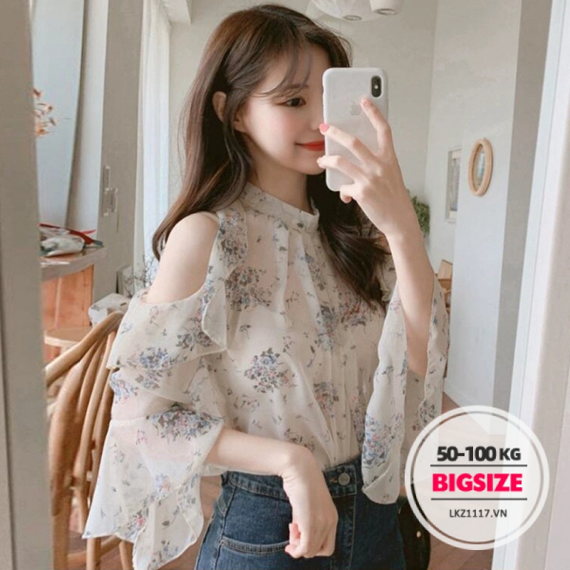 áo sơ mi nữ tay ngắn voan Bigsize áo hở vai hoa nhí tay phồng kiểu form rộng cổ tròn mùa hè Phong cách Hàn Quốc Thời Trang cá tính xinh đẹp cho người mập béo nữ