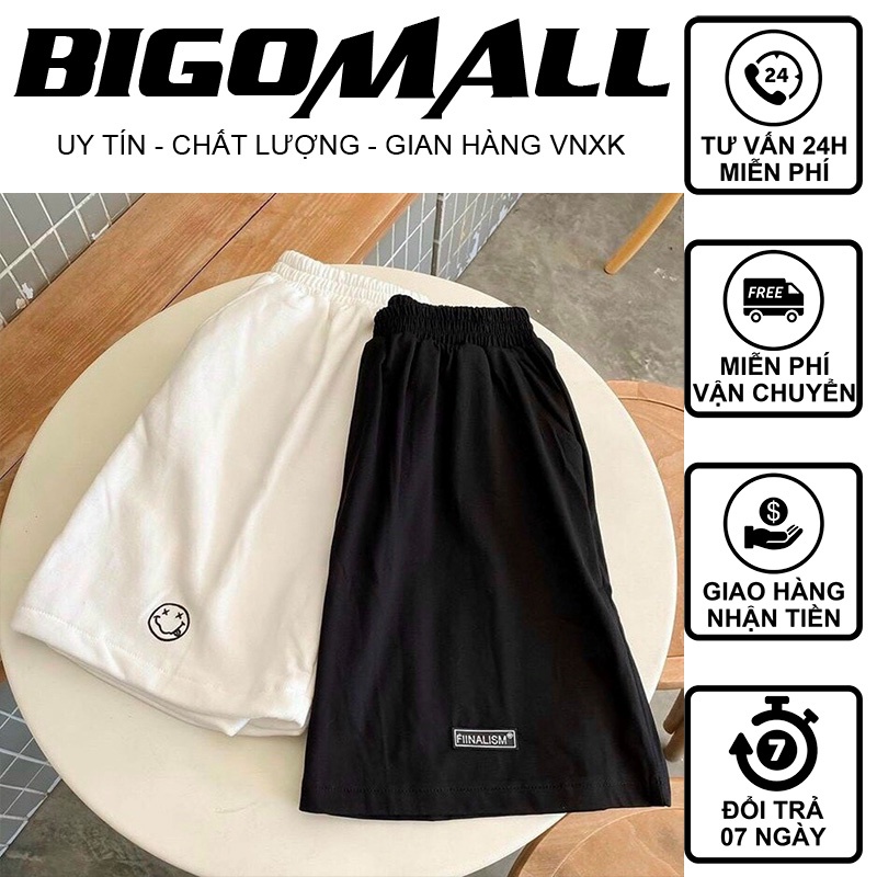 Quần đùi thêu logo mặt cười 2 bên BIGOMALL - Quần short đi chơi đi độ tập thể dục thể thao yoga gym siêu đẹp