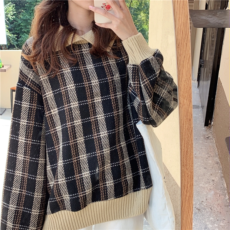 Áo sweater lông cừu dày dặn cổ bẻ kẻ sọc ca rô phong cách hàn quốc cho nữ