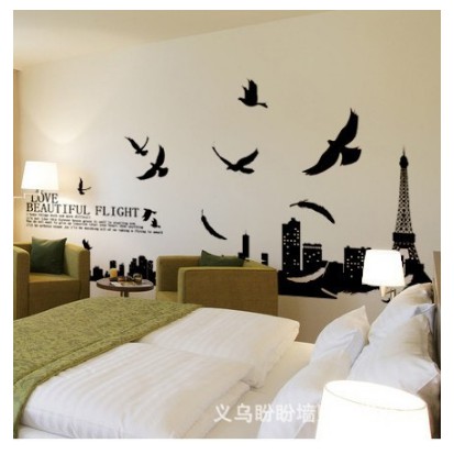 Decal trang trí tường Thành Phố đen và bày chim đen